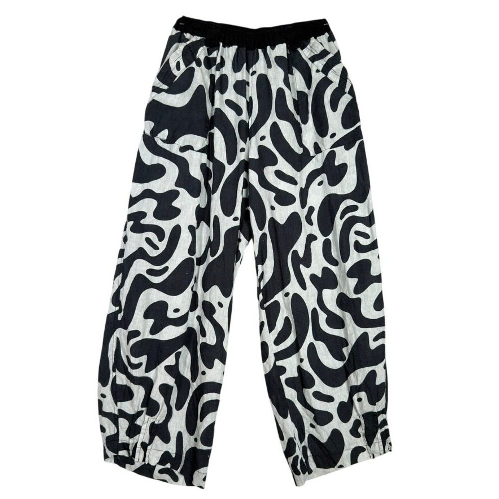 Linen Wide Leg Pants Women Small Black Cream Cow Print Elastic Waist
